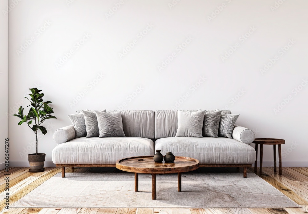 Minimalist living room with a white sofa, wooden coffee table, and a vase with dried reeds. Sunlight streams through the window, casting shadows on the wall Minimalist living room with a white sofa, wooden coffee table, and a vase with dried reeds. Sunlight streams through the window, casting shadows on the wall