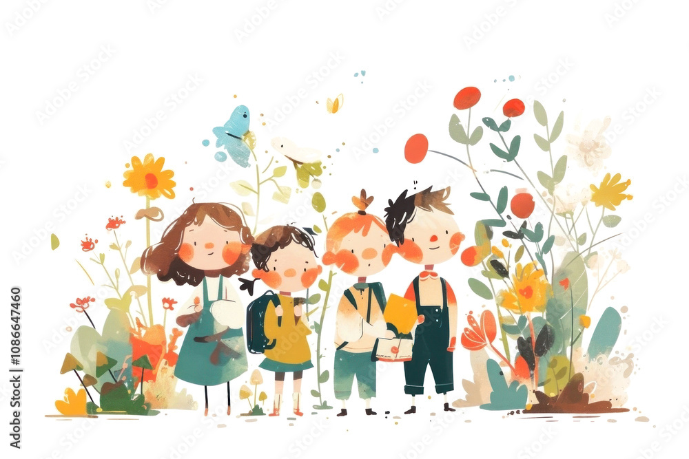 Fototapeta premium Charming illustration of cheerful children in a colorful garden setting