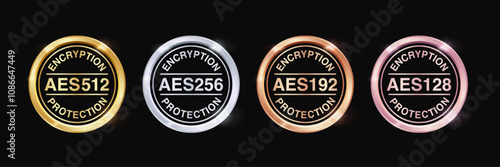 Advanced Encryption Standard: AES128, AES192, AES256, AES512 Protection Badge and Icon for Data Encryption and Network Security. Vector.