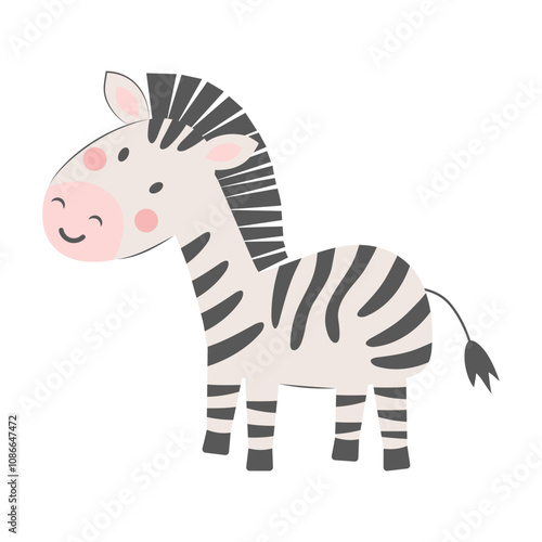 Cute zebra isolated on white background. Cartoon nursery art baby character.