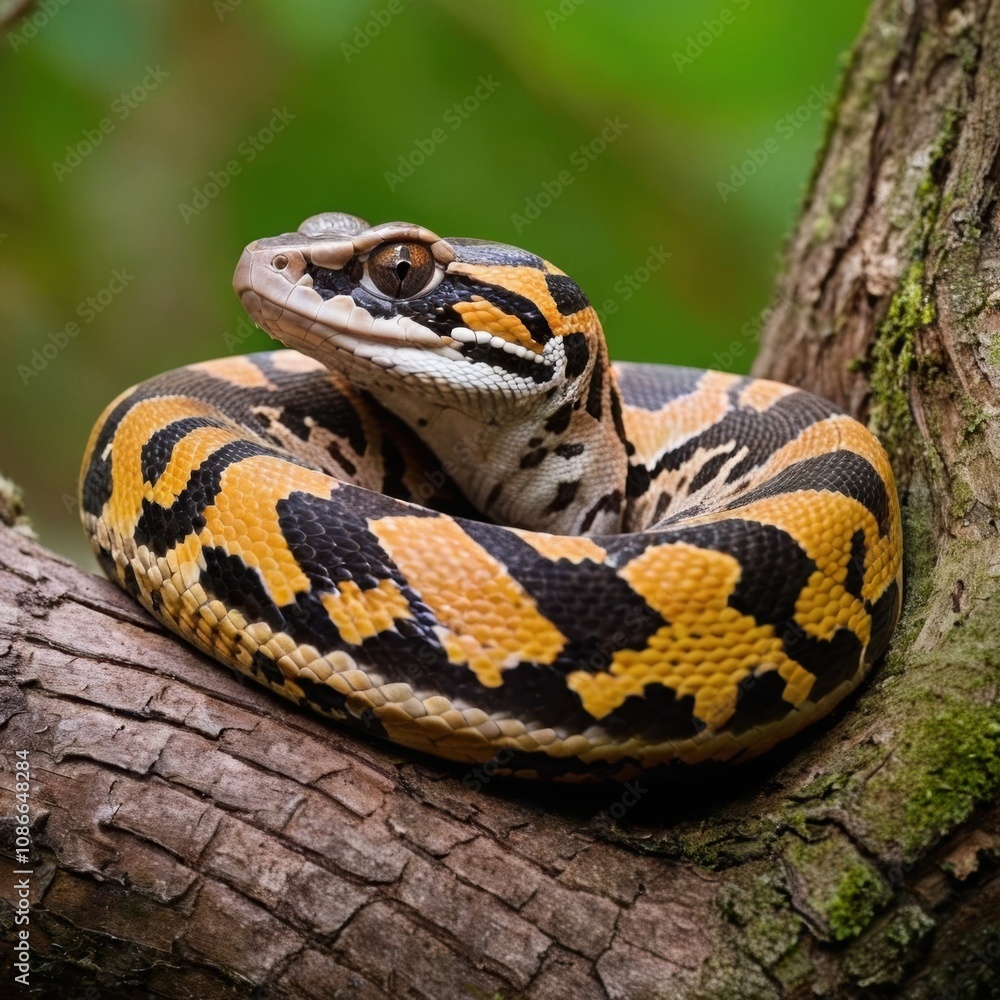 Obraz premium A brightly patterned boa constrictor coiled around a tree trunk.