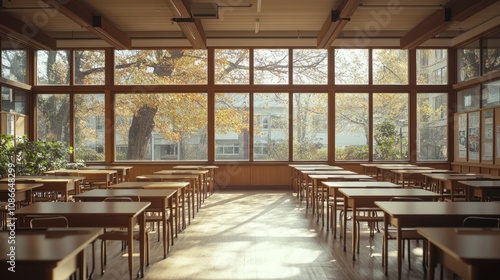 A serene classroom with wooden desks and large windows showcasing autumn foliage.