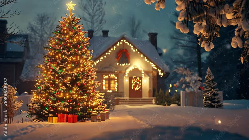 A cozy winter house adorned with glowing Christmas lights and a festive tree, surrounded by snow, 4K video A cozy winter house adorned with glowing Christmas lights and a festive tree, surrounded by snow, 4K video