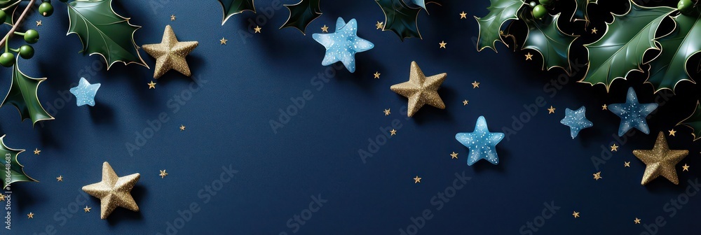 Minimalist design featuring small gold stars, ice blue snowflakes, and green holly leaves on a midnight blue background, with soft black shadows for a subtle 3D effect. Minimalist design featuring small gold stars, ice blue snowflakes, and green holly leaves on a midnight blue background, with soft black shadows for a subtle 3D effect.