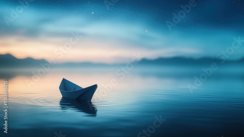Wallpaper Mural Paper boat floating on calm lake at twilight with mountain landscape and starlit sky in the background Torontodigital.ca