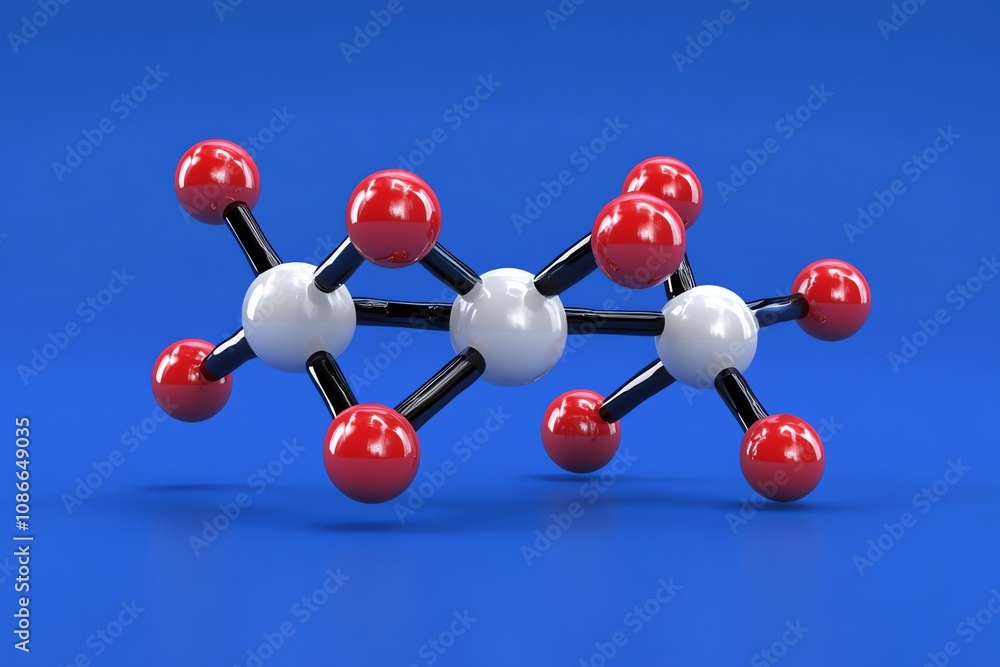 Obraz premium 3D rendering of a molecule model with red and white spheres connected by black rods on a blue background.