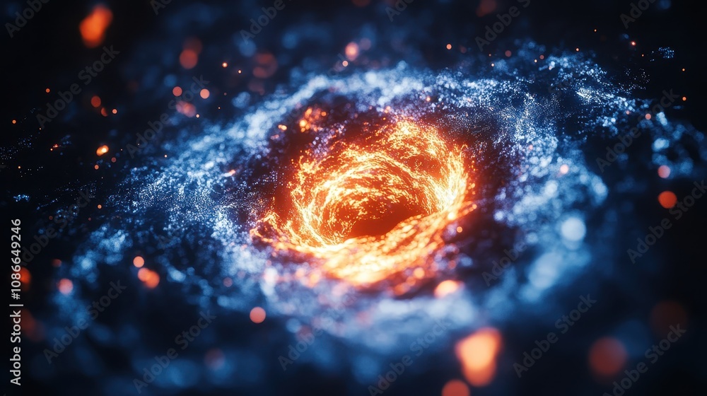 A vibrant swirling galaxy with glowing orange and blue hues, depicting cosmic energy and stellar formations in a vast, dark space. A vibrant swirling galaxy with glowing orange and blue hues, depicting cosmic energy and stellar formations in a vast, dark space.