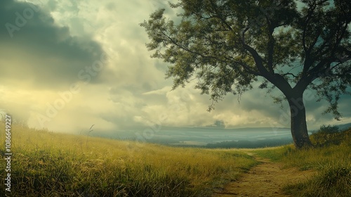 Dreamy Rural Landscape with Majestic Tree