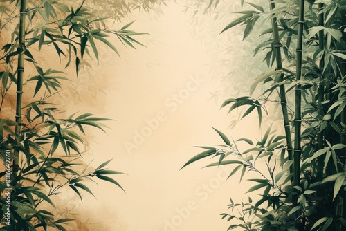 A serene landscape with green bamboo stalks and leaves framing a misty, beige background.