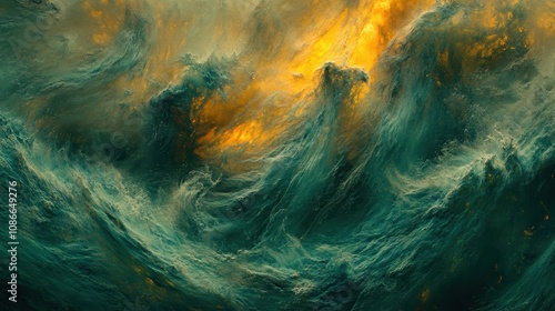 A dramatic seascape with turbulent waves illuminated by a fiery, golden glow, capturing the raw power and beauty of nature.