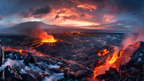 Icelandic lava fields covered in snow barren landscape cold and dramatic twilight glow copy space