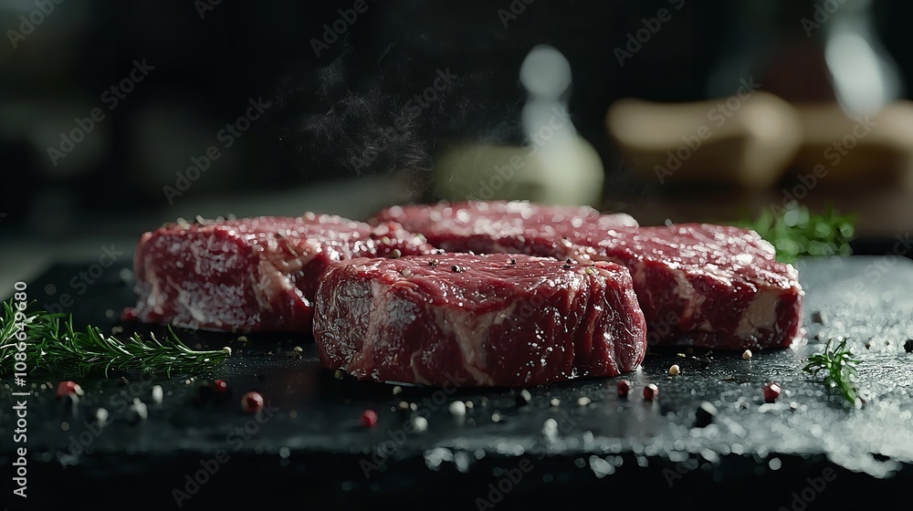 Selection of Raw Beef Meat Steaks Against a Dark Background Selection of Raw Beef Meat Steaks Against a Dark Background