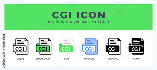 Cgi file icon symbol set. outline. glyph black. flat color and filled line color.