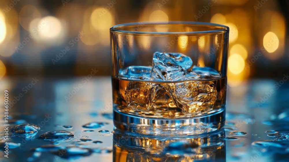 A sophisticated shot of a glass of whiskey on the rocks, showcasing the golden hues of the drink and the clarity of the ice cubes, set against a dark and warm background A sophisticated shot of a glass of whiskey on the rocks, showcasing the golden hues of the drink and the clarity of the ice cubes, set against a dark and warm background