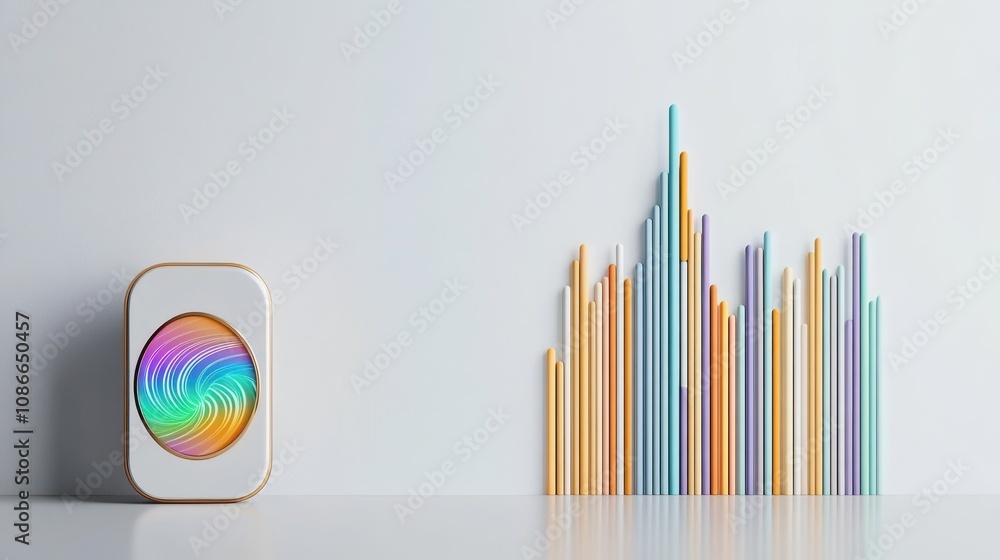 Obraz premium sound waves Colorful art piece with vibrant bars and a circular design on a minimalist backdrop.