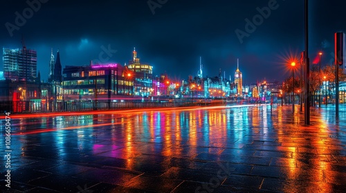 A vibrant cityscape illuminated by colorful lights reflected on a wet pavement.