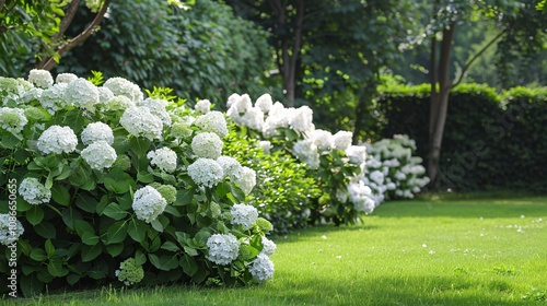 Fototapeta Naklejka Na Ścianę i Meble -  White hydrangeas in full bloom in a garden