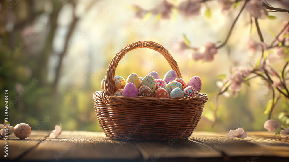 Easter basket with painted eggs on a wooden table surrounded by blooming flowers in a sunny garden Easter basket with painted eggs on a wooden table surrounded by blooming flowers in a sunny garden
