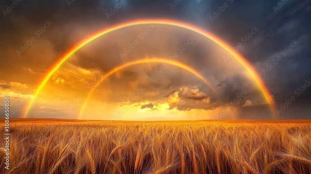A stunning landscape featuring double rainbows over a golden wheat field at sunset. A stunning landscape featuring double rainbows over a golden wheat field at sunset.
