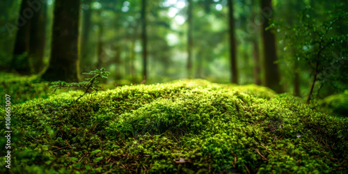 A lush green forest with a small tree in the foreground