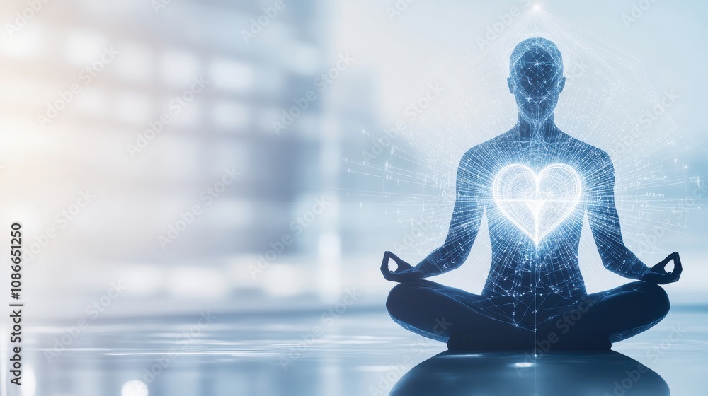 sound waves Meditating figure with a glowing heart symbol in a serene environment. sound waves Meditating figure with a glowing heart symbol in a serene environment.