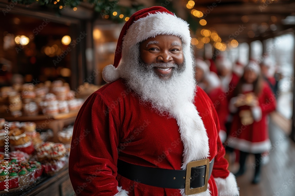 Kind-hearted Black Santa Claus in his red suit and black belt sharing festive treats with everyone Kind-hearted Black Santa Claus in his red suit and black belt sharing festive treats with everyone