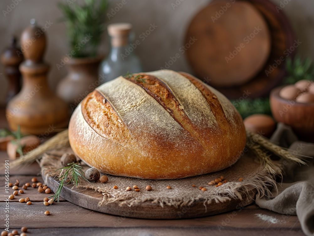 Freshly baked artisan bread on rustic wooden table with decorative elements in warm atmosphere. Generative AI Freshly baked artisan bread on rustic wooden table with decorative elements in warm atmosphere. Generative AI