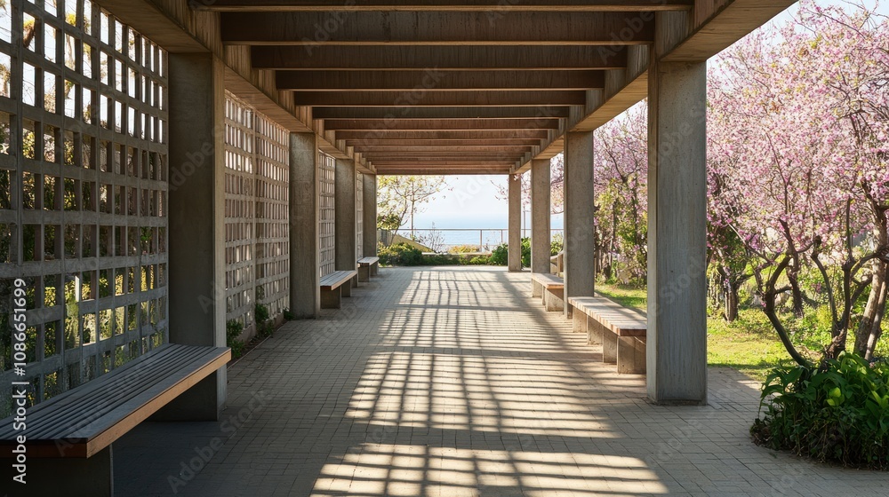 A serene pathway lined with benches and blooming trees, leading to a scenic view. A serene pathway lined with benches and blooming trees, leading to a scenic view.