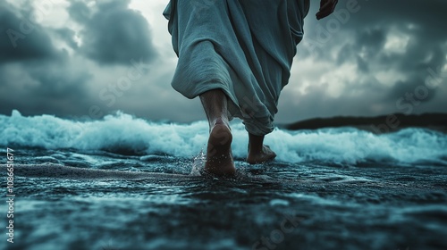 Person walking through ocean waves in a stormy cloudy atmosphere photo