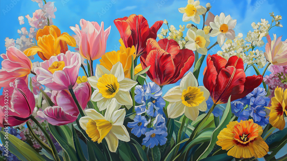 Spring bouquet of colorful flowers including tulips and daffodils against a bright blue background Spring bouquet of colorful flowers including tulips and daffodils against a bright blue background