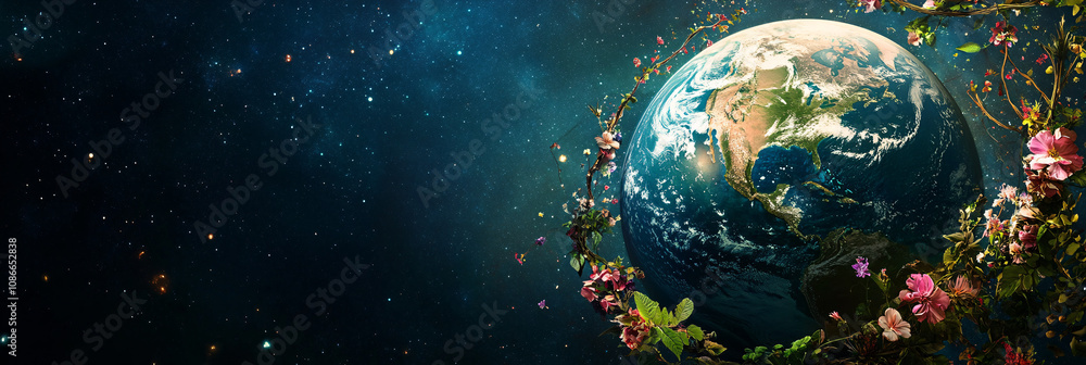 Earth Spinning in Space, with Flowers Blooming on Its Surface and Vines Wrapping Around the Continents Earth Spinning in Space, with Flowers Blooming on Its Surface and Vines Wrapping Around the Continents