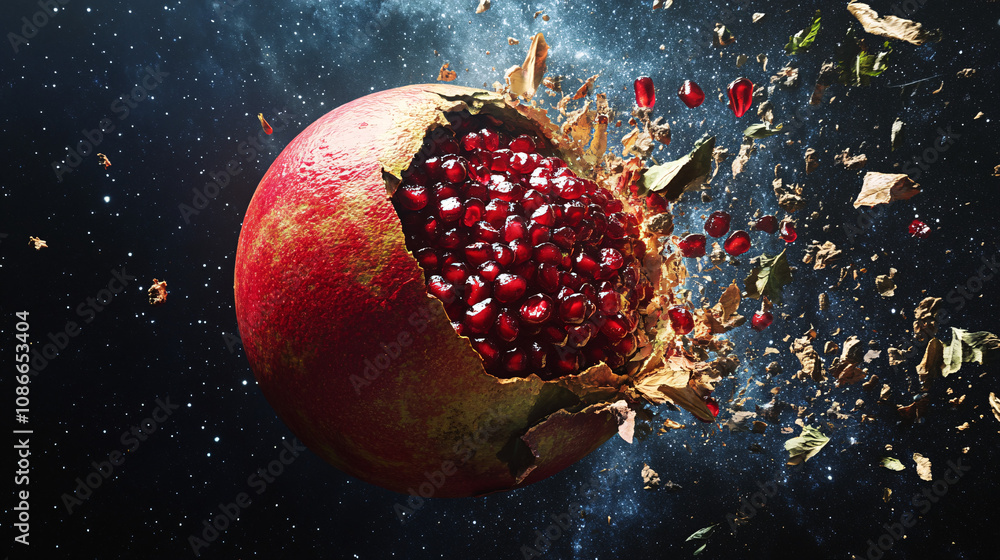 Earth Splitting Open Like a Pomegranate, with Continents Shaped Like Seeds, Drifting Into Space Earth Splitting Open Like a Pomegranate, with Continents Shaped Like Seeds, Drifting Into Space