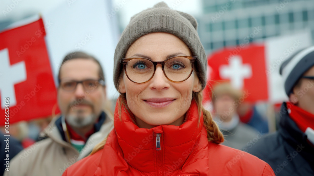 Smiling woman in red jacket at a protest with Swiss flags in background. Smiling woman in red jacket at a protest with Swiss flags in background.