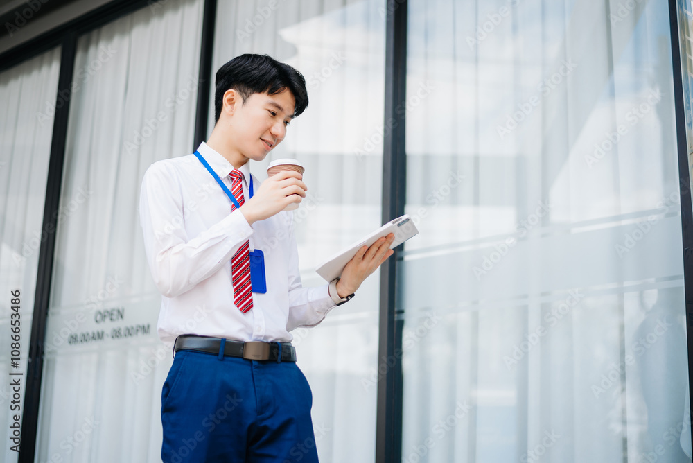 Confident Asian man with a smile standing holding notepad and tablet at out side office. big city on business center Confident Asian man with a smile standing holding notepad and tablet at out side office. big city on business center