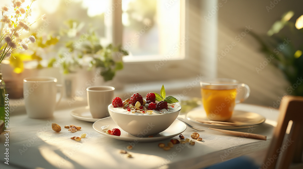 Breakfast for the Mediterranean diet with yogurt, fresh berries, nuts and a drop of honey Breakfast for the Mediterranean diet with yogurt, fresh berries, nuts and a drop of honey