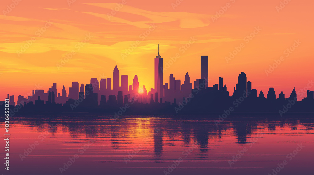 The silhouette of New York City on the horizon during sunset with high-rise buildings, a distant view of the city across the river The silhouette of New York City on the horizon during sunset with high-rise buildings, a distant view of the city across the river