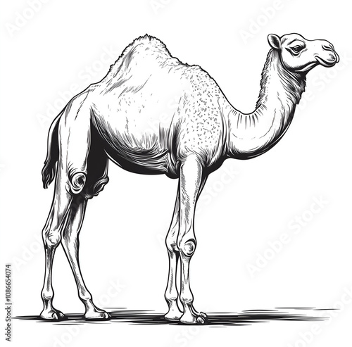 black and white line drawing of a camel with on white background  photo