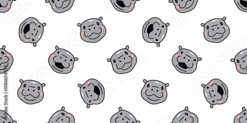 Baby Hippo seamless pattern pygmy hippo face head smile icon vector hippopotamuses zoo pet animal cartoon character doodle tile background gift wrapping paper repeat wallpaper scarf isolated illustrat