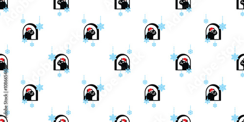 cat seamless pattern christmas scarf black kitten santa claus hat snowflake window calico neko vector cartoon pet doodle gift wrapping paper tile background repeat wallpaper isolated illustration desi