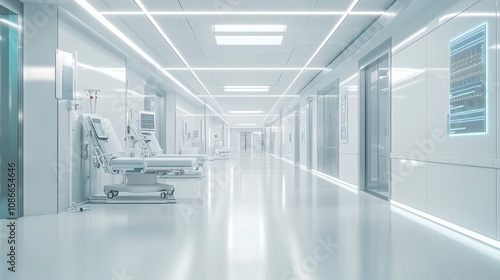 A sleek, empty hospital corridor in a futuristic medical quality
