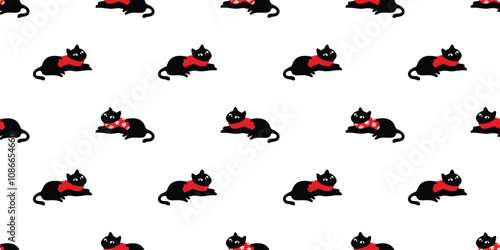 cat seamless pattern christmas black kitten santa claus hat calico neko vector cartoon pet doodle gift wrapping paper tile background repeat wallpaper scarf isolated illustration design