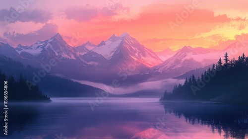 A sweeping view of a tranquil mountain range at dawn, with quality