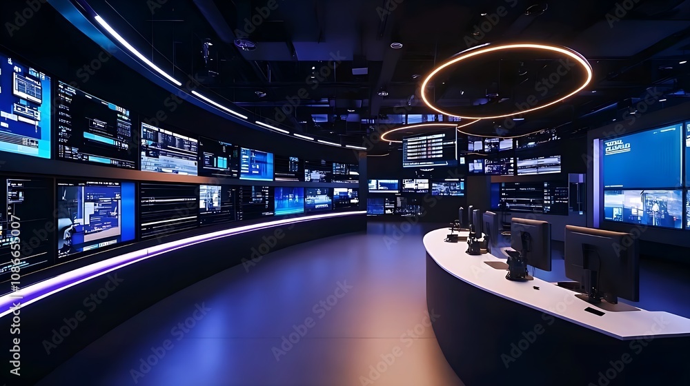 Cutting-Edge News Studio Setup with LED-Lit Anchor Desk, Robotic Cameras, and Digital Screens for Real-Time Broadcasts Cutting-Edge News Studio Setup with LED-Lit Anchor Desk, Robotic Cameras, and Digital Screens for Real-Time Broadcasts