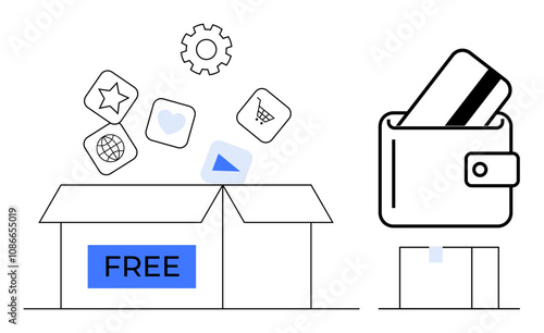 Open box with FREE label releasing icons such as star, heart, shopping cart, globe, play. Adjacent wallet with credit card. Ideal for ecommerce, digital content, subscriptions online shopping