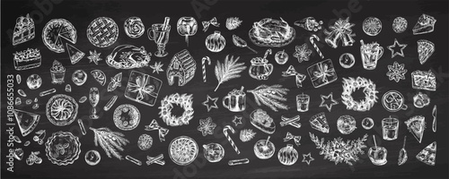 Hand-drawn Christmas set in sketch style on chalkboard background. Festive decoration: wreath, gift, sweets, food, Christmas tree decor, drinks and spices sketches. Vintage design elements.