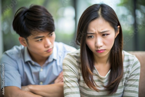 A man and woman are sitting on a couch, the woman is upset and the man is angry