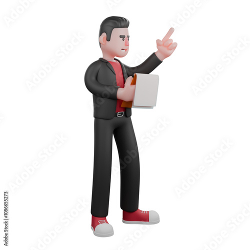 Dance Choreographer in 3D Model. A male choreographer stands with his right hand holding a clipboard and his left hand pointing up. Performer Artist