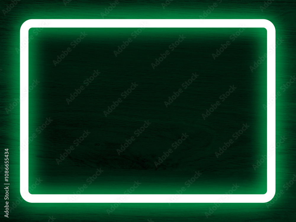 Dark wood wall background, green neon light and rectangle frame Dark wood wall background, green neon light and rectangle frame