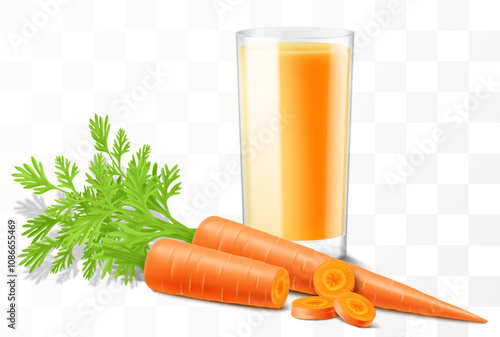 A glass of fresh carrot juice or smoothie. Cup of cocktail with carrot vegetables, isolated on transparent background. Realistic 3d vector illustration