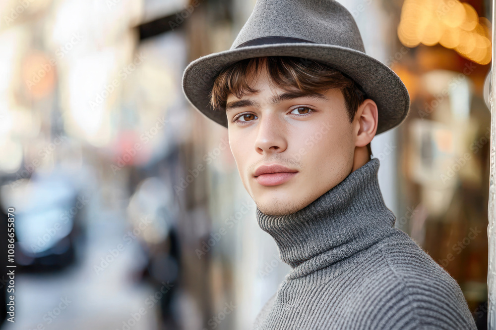 Portrait of a young man in a gray hat and turtleneck sweater with blurred urban background. Portrait of a young man in a gray hat and turtleneck sweater with blurred urban background.